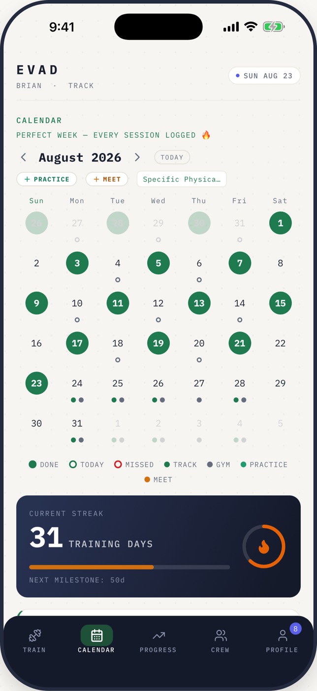 The EVAD calendar, with practices, meets and gym sessions on one month grid