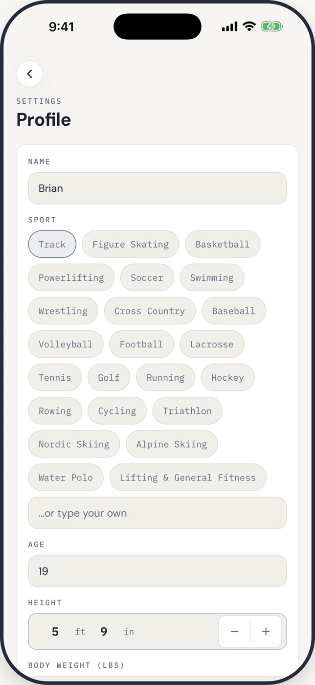 EVAD's sport picker, showing the sports as selectable chips